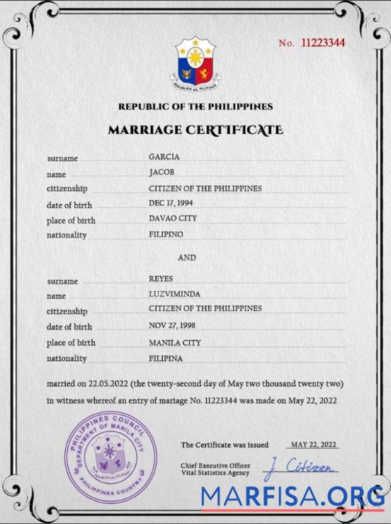 Downloadable Philippines marriage certificate PSD template